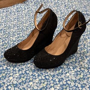 Black Sparkle Wedge Pumps with Ankle Strap